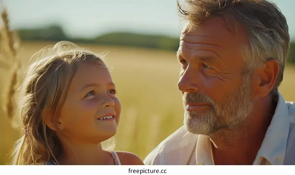 Grandfather and granddaughter in a wheat field