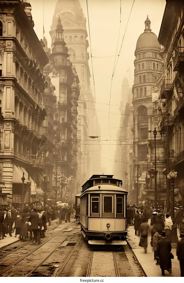 Crowded Street with Cable Car Passing Through