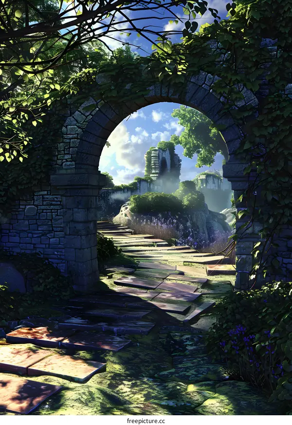 Stone Archway Leading to Ruins in a Lush Green Forest