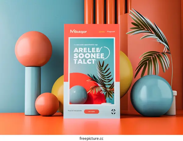 Modern Abstract Art with Palm Leaf and Colorful Balls