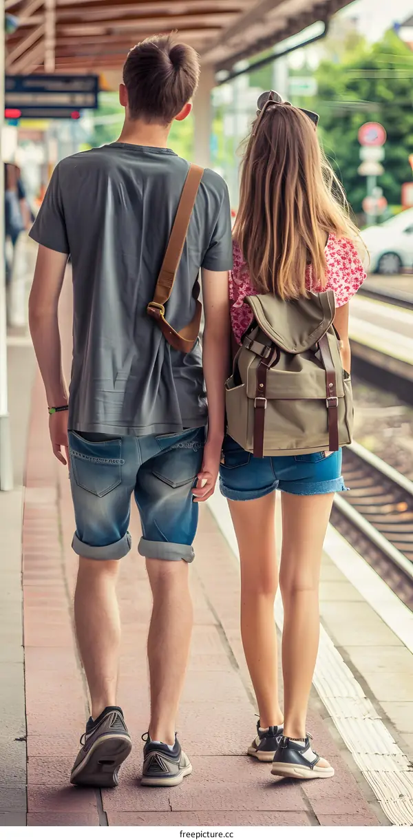 Young Couple Walking Together at the Train Station