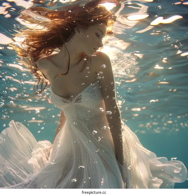 Serene Redhead Woman Floating Underwater in a White Dress