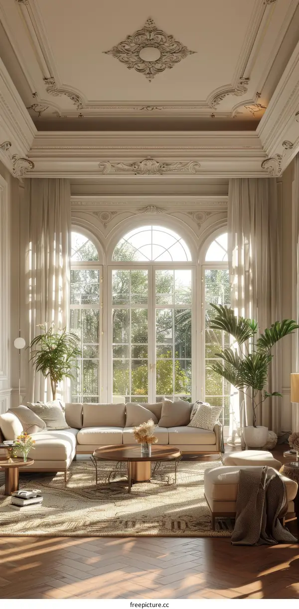 Elegant and spacious living room with large windows