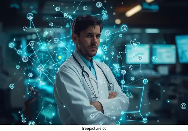 Portrait of a male doctor wearing a white coat and stethoscope with a network of medical icons in the background