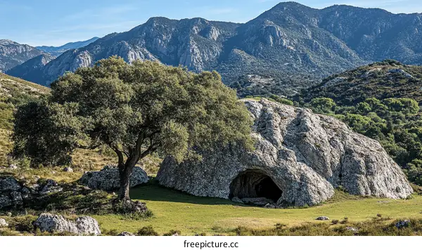 Mountain Landscape with Cave and Tree