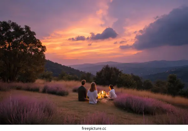 Sunset Picnic with Friends in Lavender Field