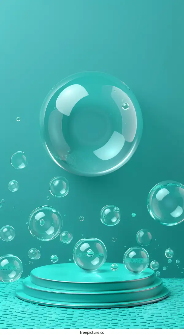 Turquoise Podium with Floating Transparent Bubbles