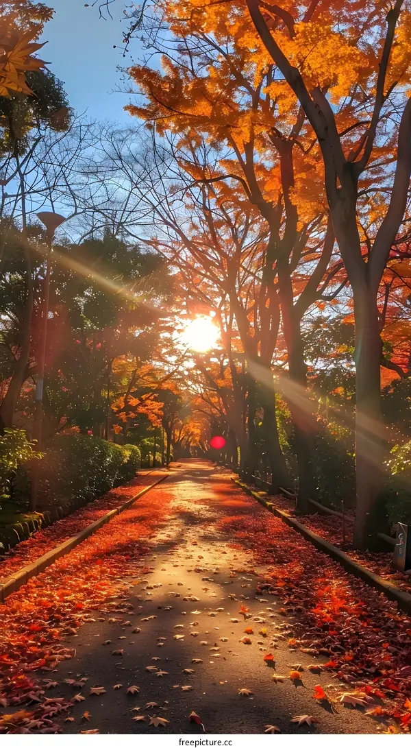 The path in the park is full of fallen leaves in autumn