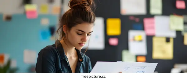 Woman Working at Desk with Post It Notes on the Wall
