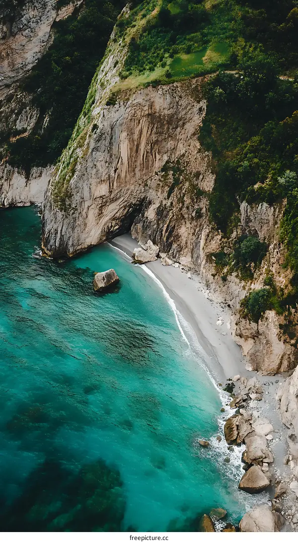 Aerial View of Turquoise Ocean with a Sandy Beach and Cliffs