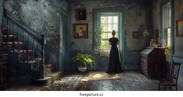 Woman in a long black dress standing in a room with a blue wall