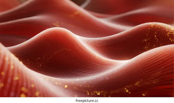 Abstract red wave pattern with glowing particles in motion