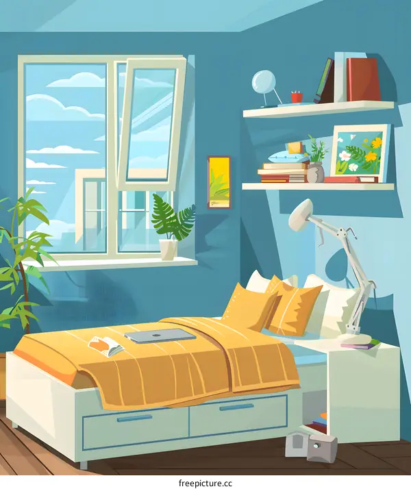 Blue Wall Bedroom Interior Design with Yellow Bed and Window