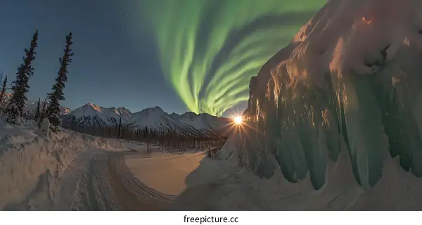 Northern Lights Shining Over Snowy Mountain Range