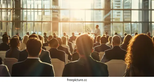 Business conference with diverse attendees in a modern setting