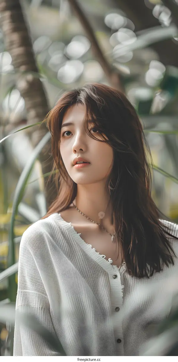 Young Woman in White Knit Cardigan Posing in a Garden