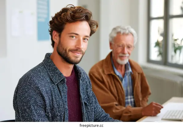 Two people in a friendly conversation or meeting