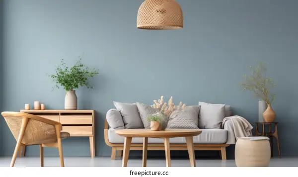 Modern interior with a stylish living room featuring woven pendant light and wooden furniture