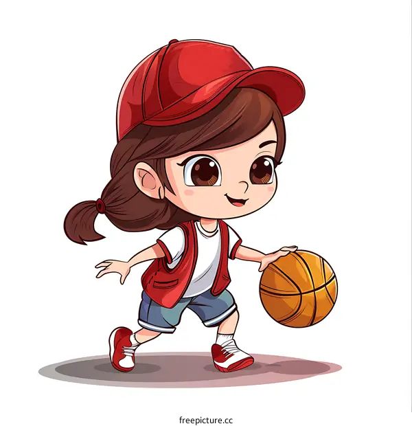 Cute Cartoon Girl Playing Basketball