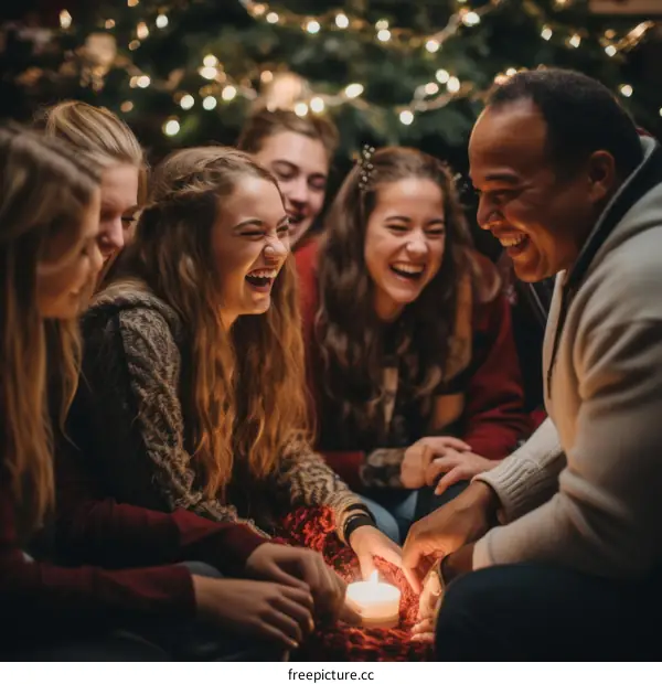 A multiethnic group of friends laughing and talking while sitting around a candle