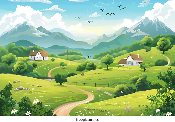 Green Hills Landscape with White Houses and Birds Flying