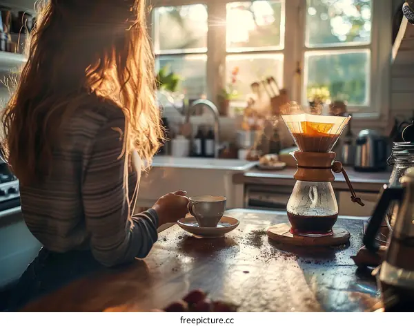 Young woman making coffee in the kitchen