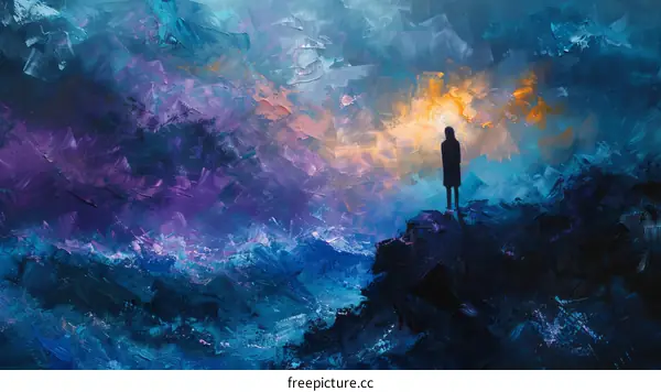 A person standing on a cliff overlooking a stormy sea