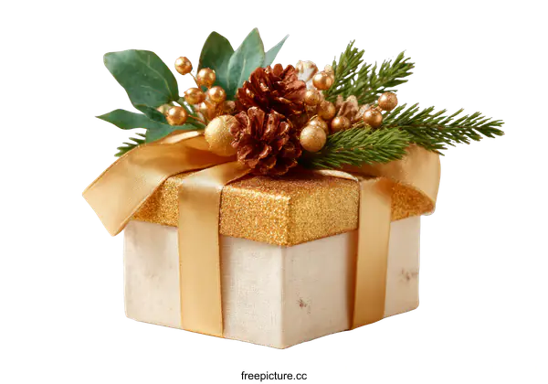 [Transparent Background PNG]Golden Christmas Gift Box Decorated with Fir and Pine Cones