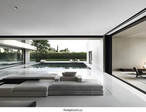 Modern Home Interior Design with Minimalist Style and a View of a Pool and Lush Garden