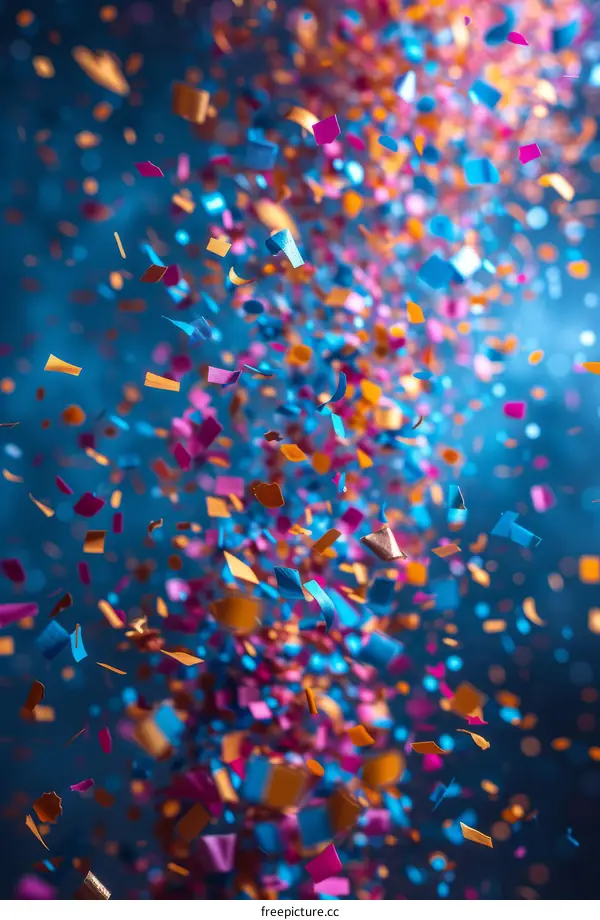 Colorful confetti falling on blue background