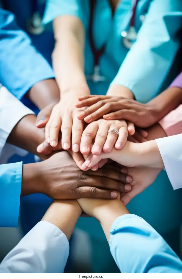 Multiracial group of doctors joining hands in unity and solidarity