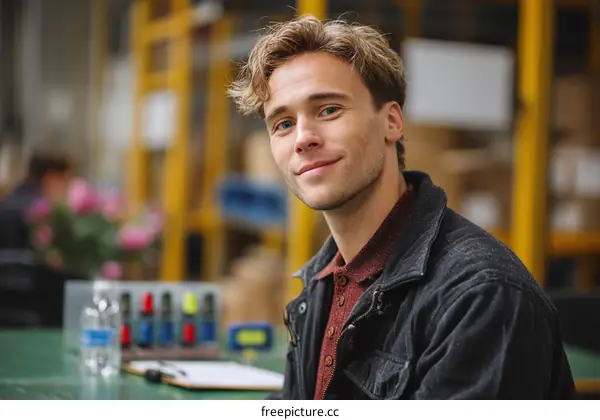A young man sitting in an industrial warehouse setting