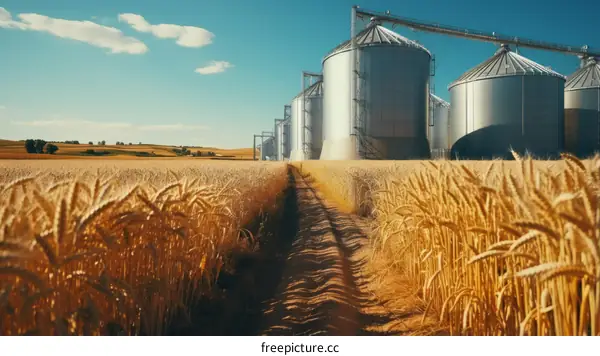 Golden Wheat Field with Silos in the Distance