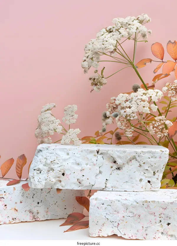 White Stone Podium With Dried Flowers On Pink Background