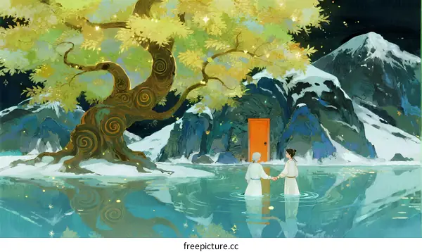 Two people standing in a reflective lake with a magical tree and mountain background