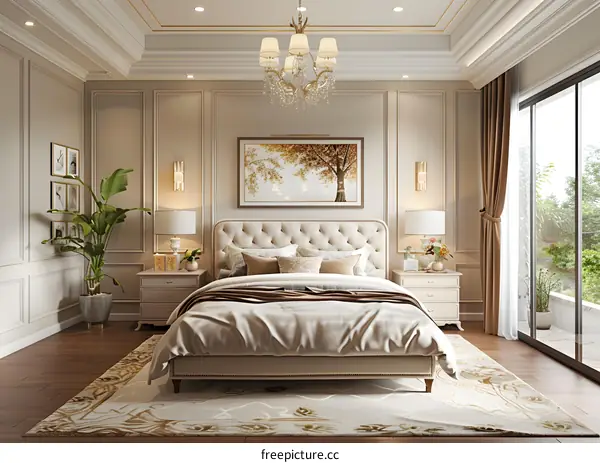 A bedroom with a large bed, a rug, and a painting on the wall