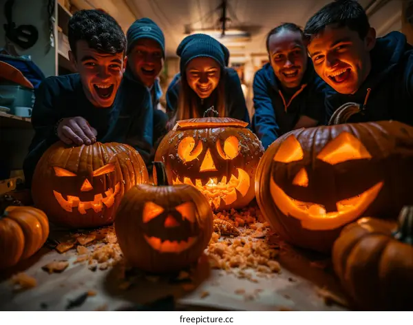 Five friends carving pumpkins for Halloween