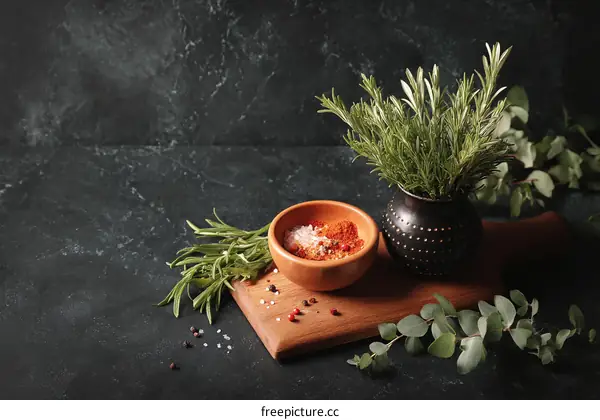 Fresh Herbs and Spices on Dark Stone Background