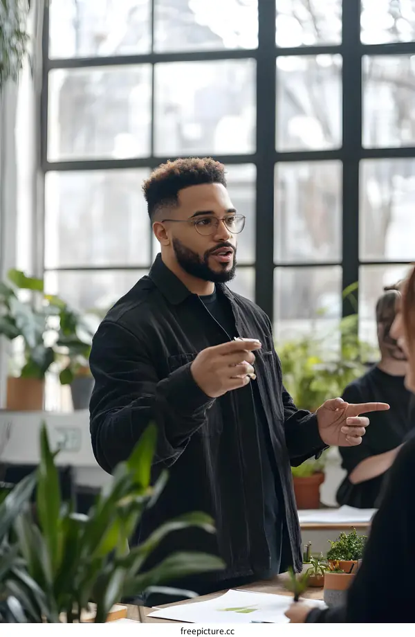 African American Man Speaking at a Meeting in a Modern Office