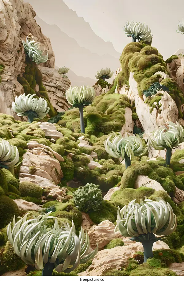 Abstract Landscape with White Flowers and Moss