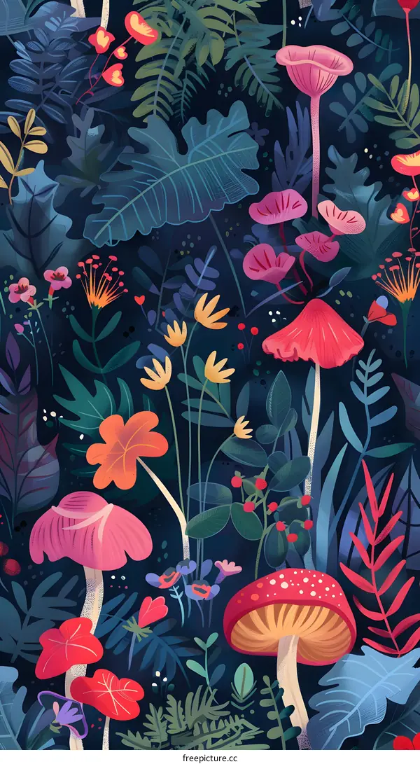 Colorful Floral and Mushroom Pattern Design
