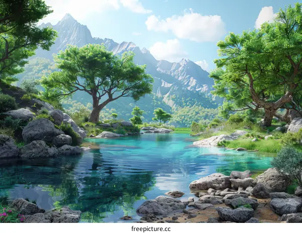 Serene Mountain Lake with Majestic Rocks and Lush Greenery