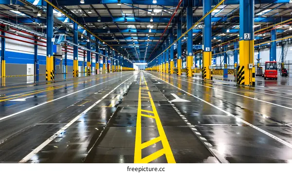 Empty Industrial Warehouse with Yellow Lines