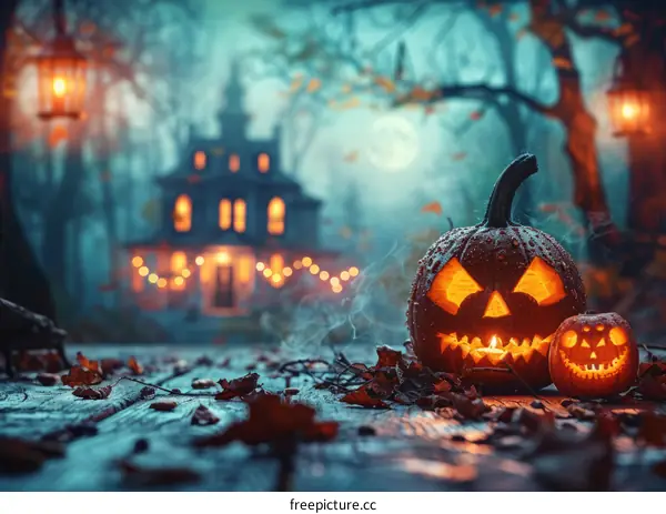 Two Jack-o'-Lanterns Sit on a Wooden Porch in Front of a Haunted House on Halloween Night