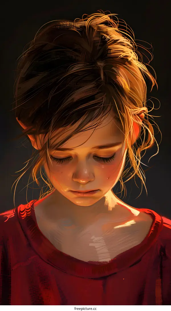 Portrait of a crying girl with brown hair and red shirt