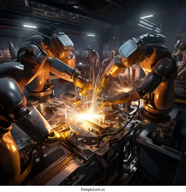 Collaborative robots welding car parts in automotive manufacturing