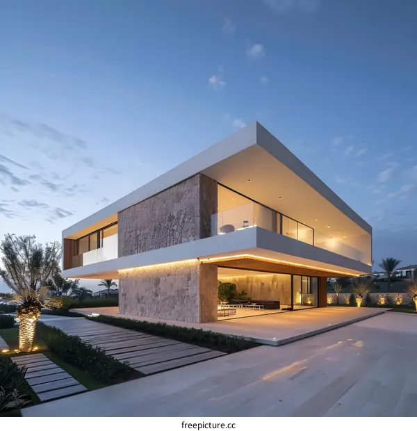 Modern Minimalist Home Exterior Design With Stone Wall And Large Windows