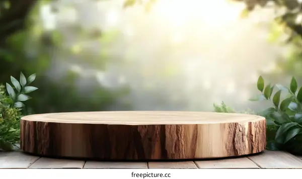 Natural Wooden Display Stand Against a Blurred Green Background