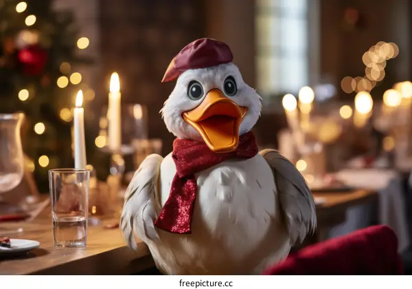 A duck dressed in a red beret and scarf welcomes you to the Christmas table