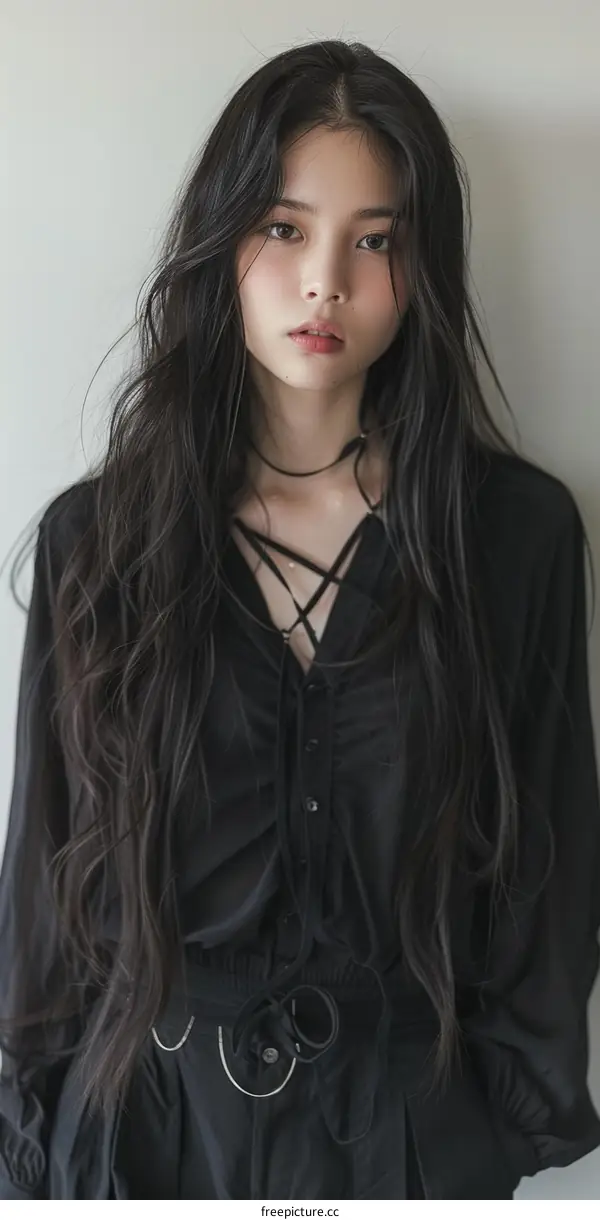 Portrait of a young Asian woman with long black hair wearing a black shirt